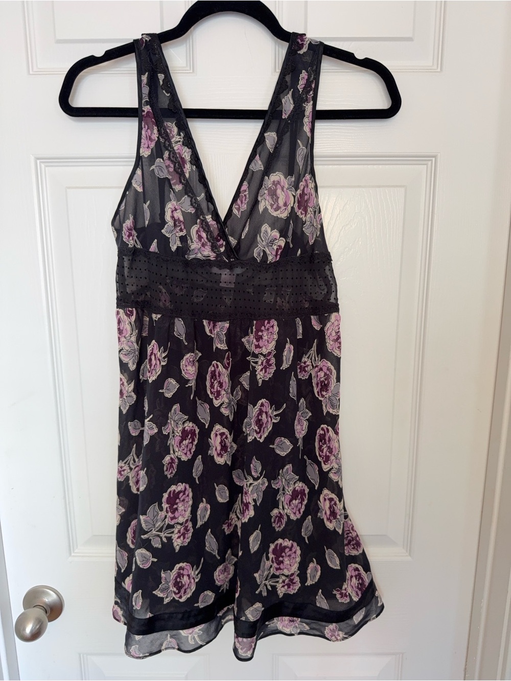 Victoria’s Secret Floral V-Neck Sheer Dress - Black with Purple Florals